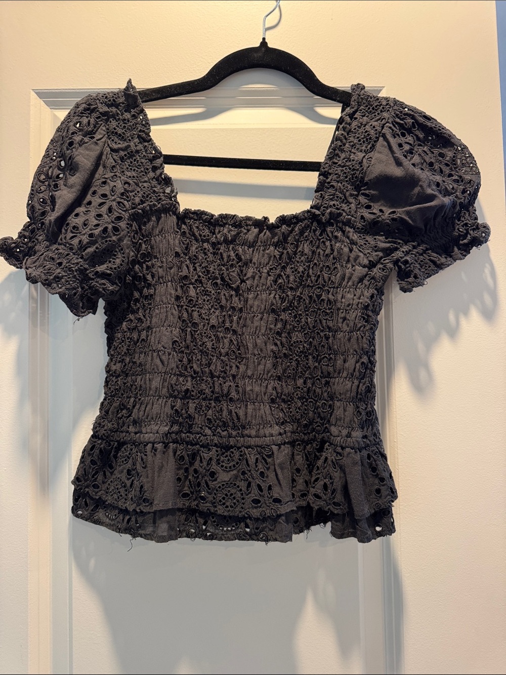 Astr Black Smocked Eyelet Puff Sleeve Tank